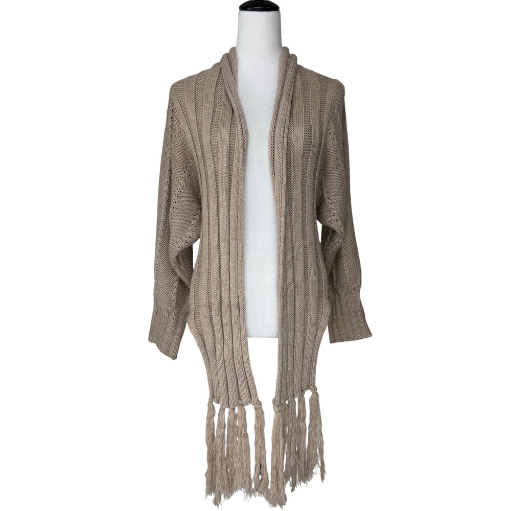 Feline Women's Tie Waist Cardigan OS Tan Tassel Open Front Ribbed Knit